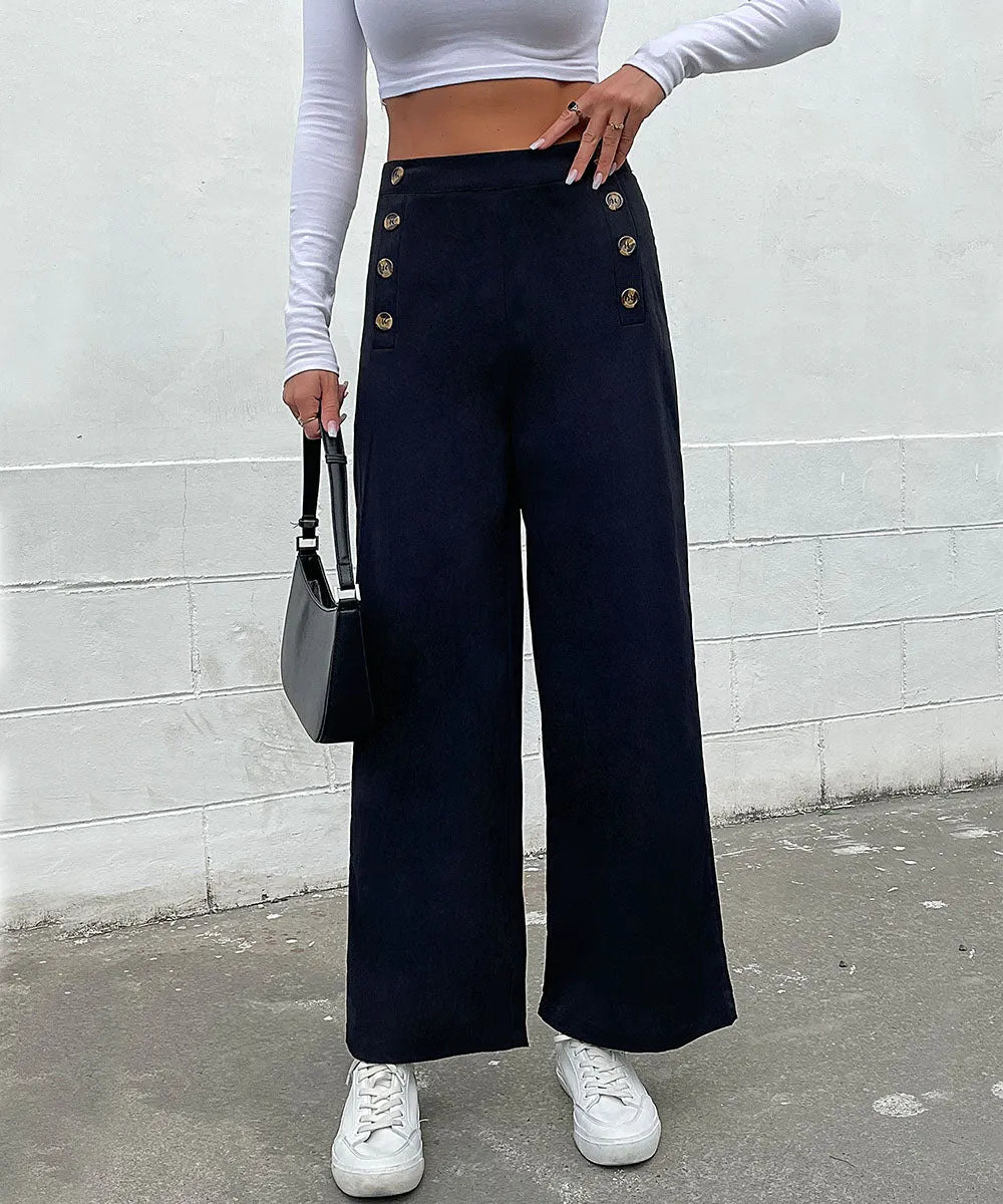 Black Double Button Wide Leg Pants