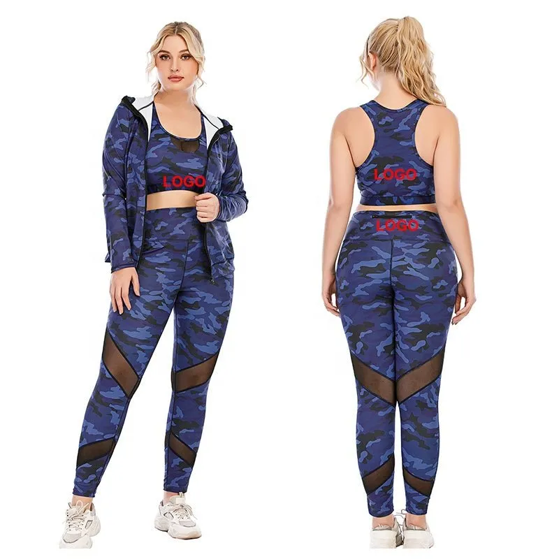 Blue Camouflage Yoga Sets 3XL Women's Sportswear Plus Size 3pcs Yoga Suit Legging Fitness Sports Bra Jacket Fall Yoga Set 20set