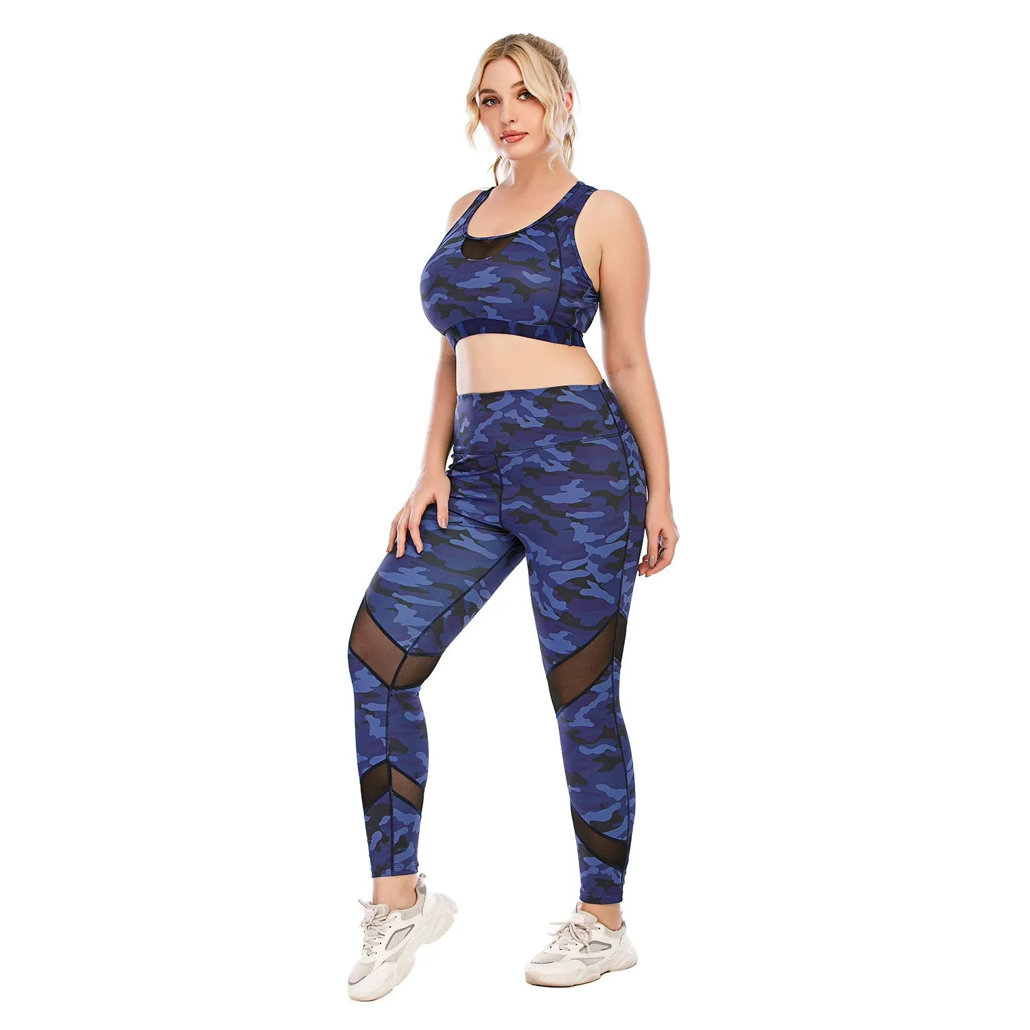 Blue Camouflage Yoga Sets 3XL Women's Sportswear Plus Size 3pcs Yoga Suit Legging Fitness Sports Bra Jacket Fall Yoga Set 20set