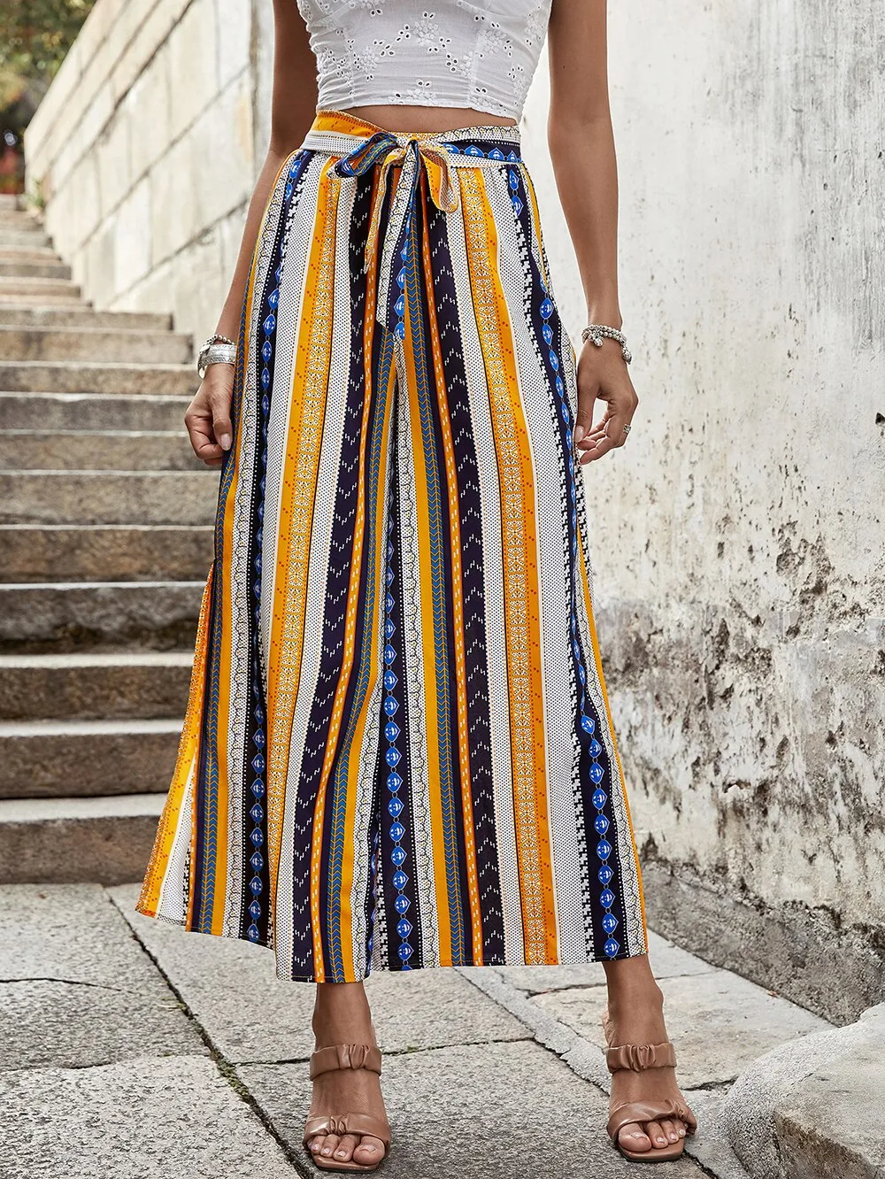 Boho Print Striped Split Pants