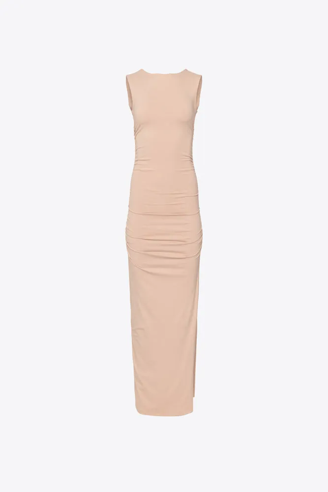 Crew Neck Gathered Side Slit Dress - Chamoisee