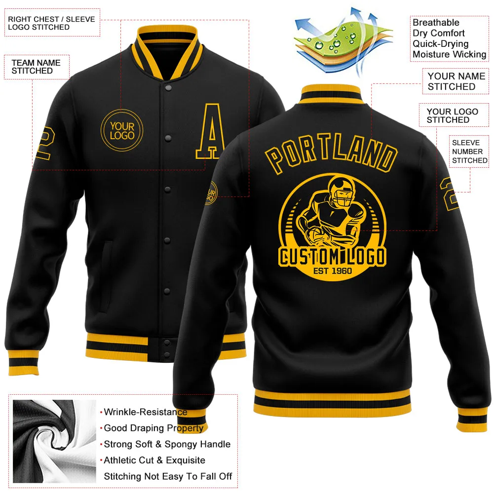 Custom Black Black-Gold Bomber Full-Snap Varsity Letterman Jacket