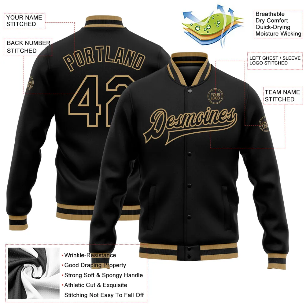 Custom Black Black-Old Gold Bomber Full-Snap Varsity Letterman Jacket