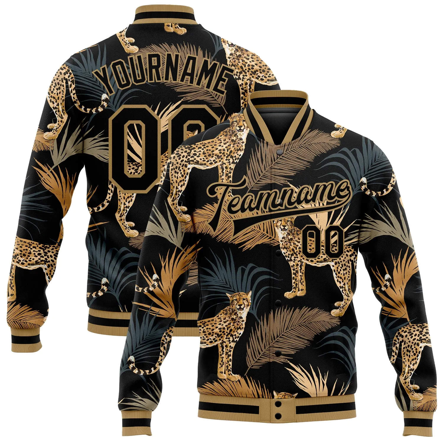 Custom Black Black-Old Gold Tropical Leopard With Palms 3D Pattern Design Bomber Full-Snap Varsity Letterman Jacket