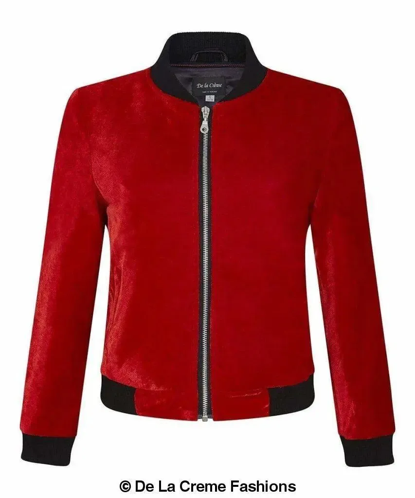 De La Creme - Womens Velvet Zip-Thru Varsity Bomber Jacket