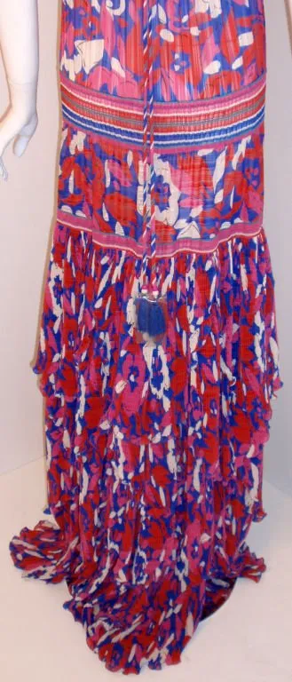 DIANE FREIS 1980s Red Long Floral Print Dress w/ Ruffles