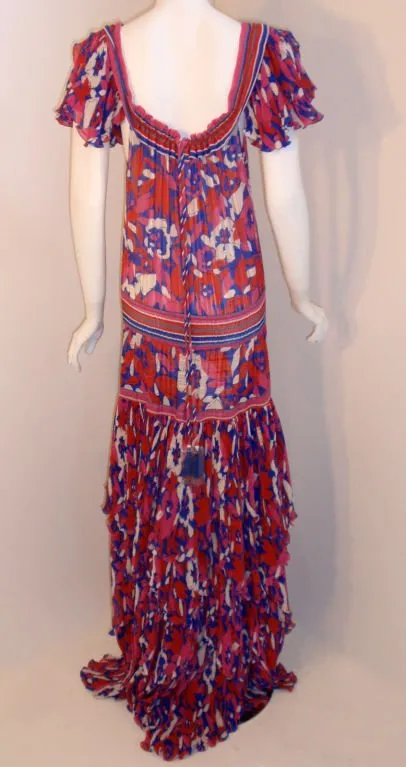 DIANE FREIS 1980s Red Long Floral Print Dress w/ Ruffles