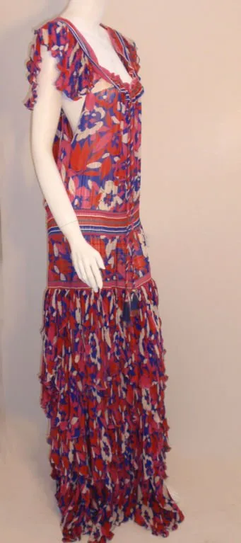 DIANE FREIS 1980s Red Long Floral Print Dress w/ Ruffles