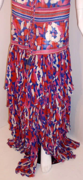 DIANE FREIS 1980s Red Long Floral Print Dress w/ Ruffles