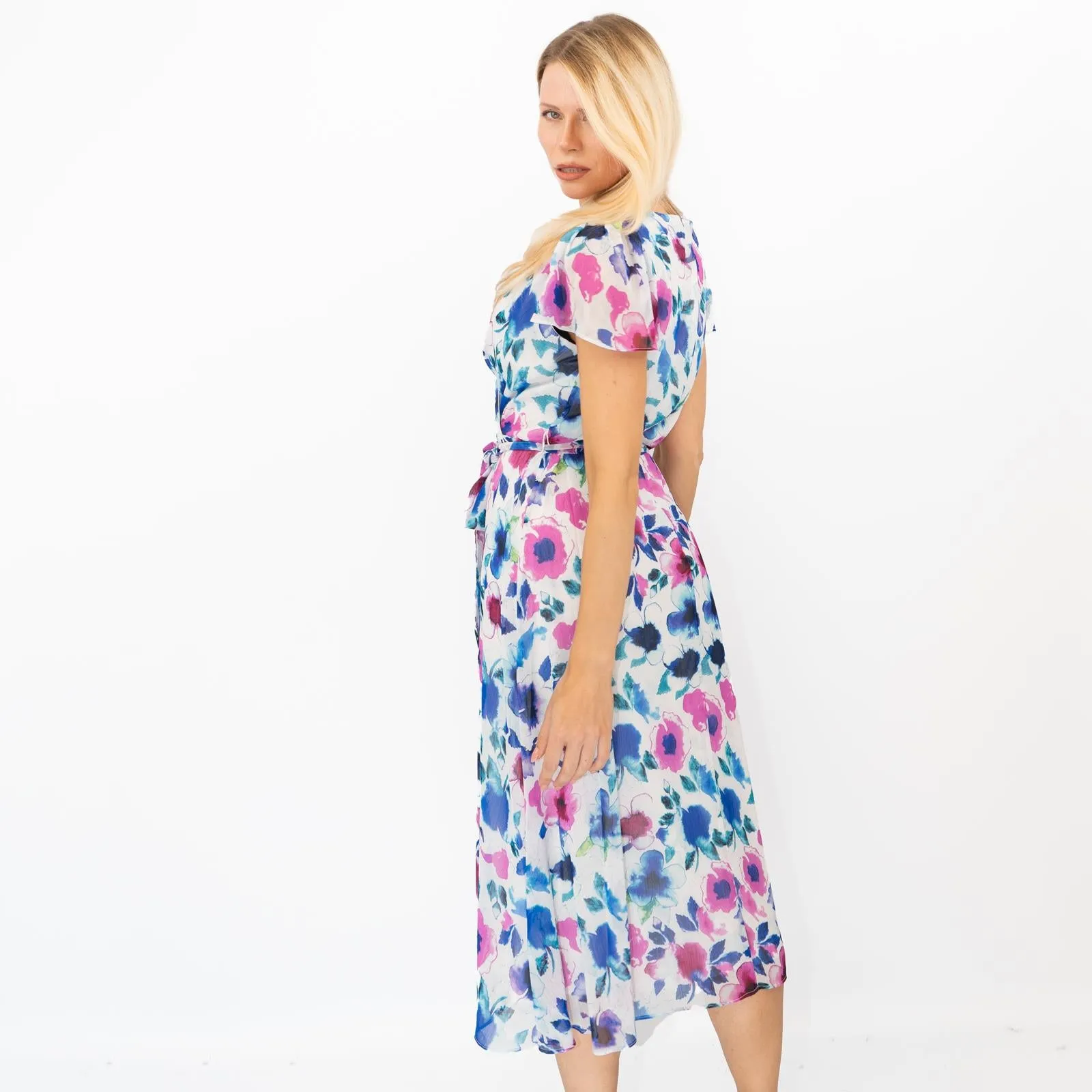 DKNY Midi Dress Floral Flutter Sleeve