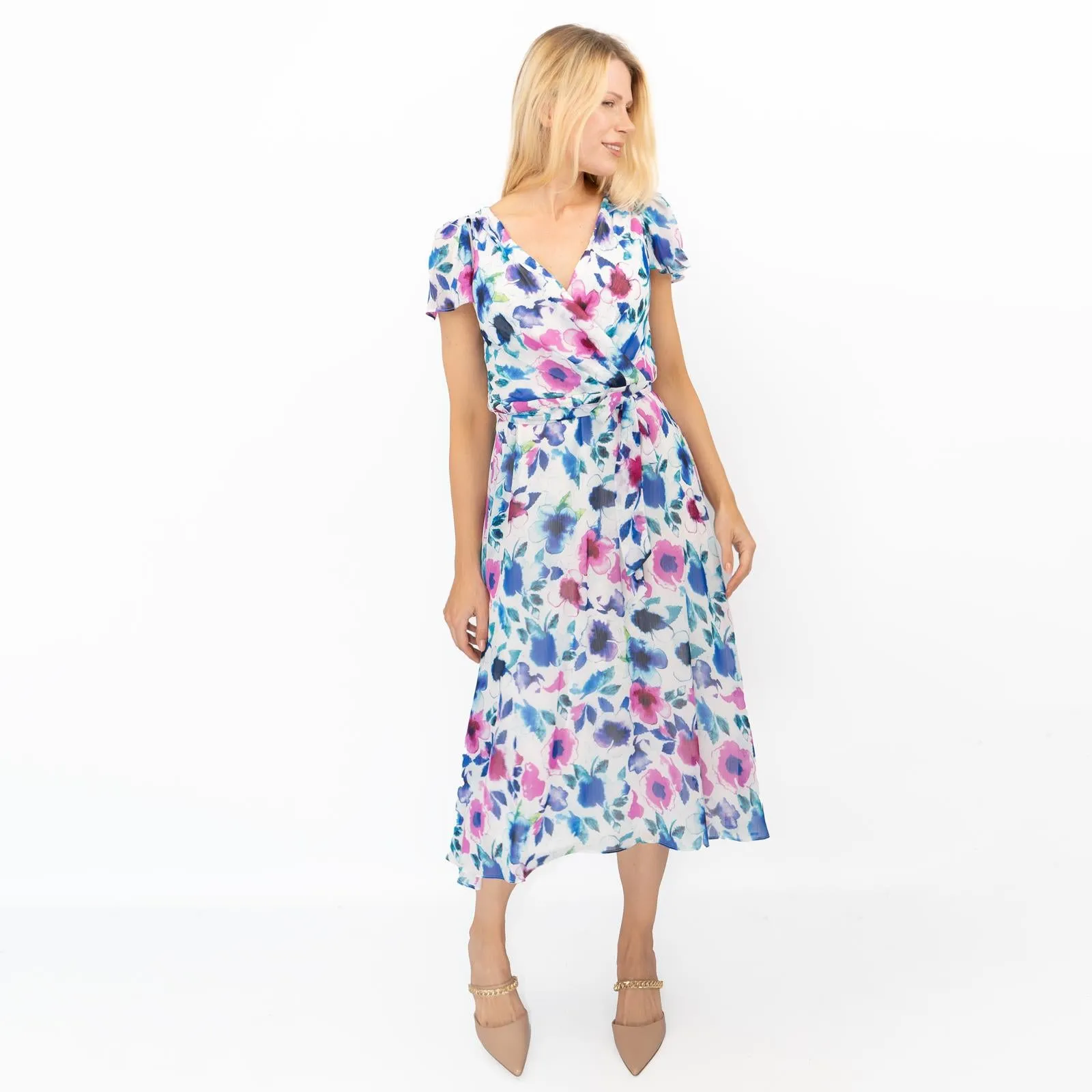 DKNY Midi Dress Floral Flutter Sleeve