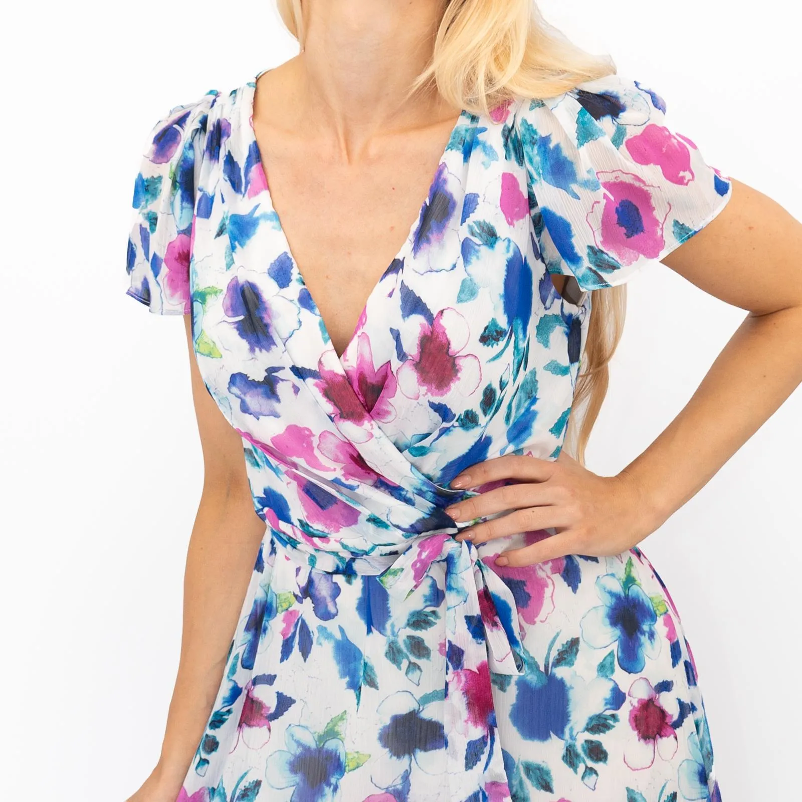 DKNY Midi Dress Floral Flutter Sleeve