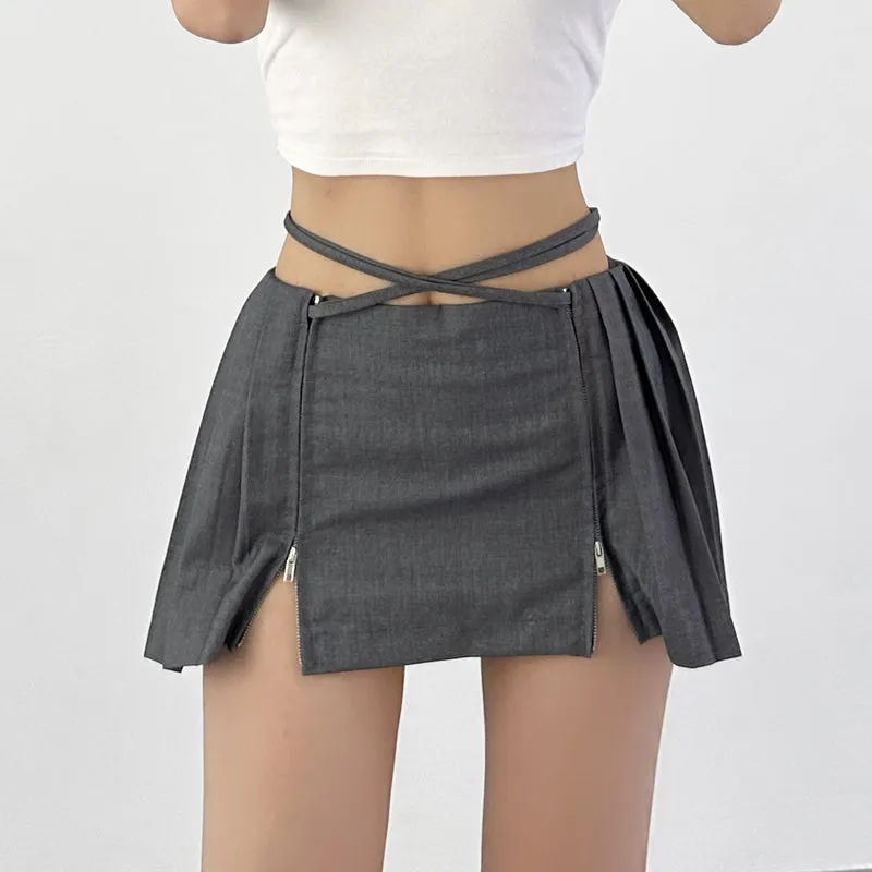 Double Zip Low-Waist Pleated Mini Skirt