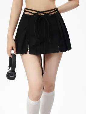 Double Zip Low-Waist Pleated Mini Skirt