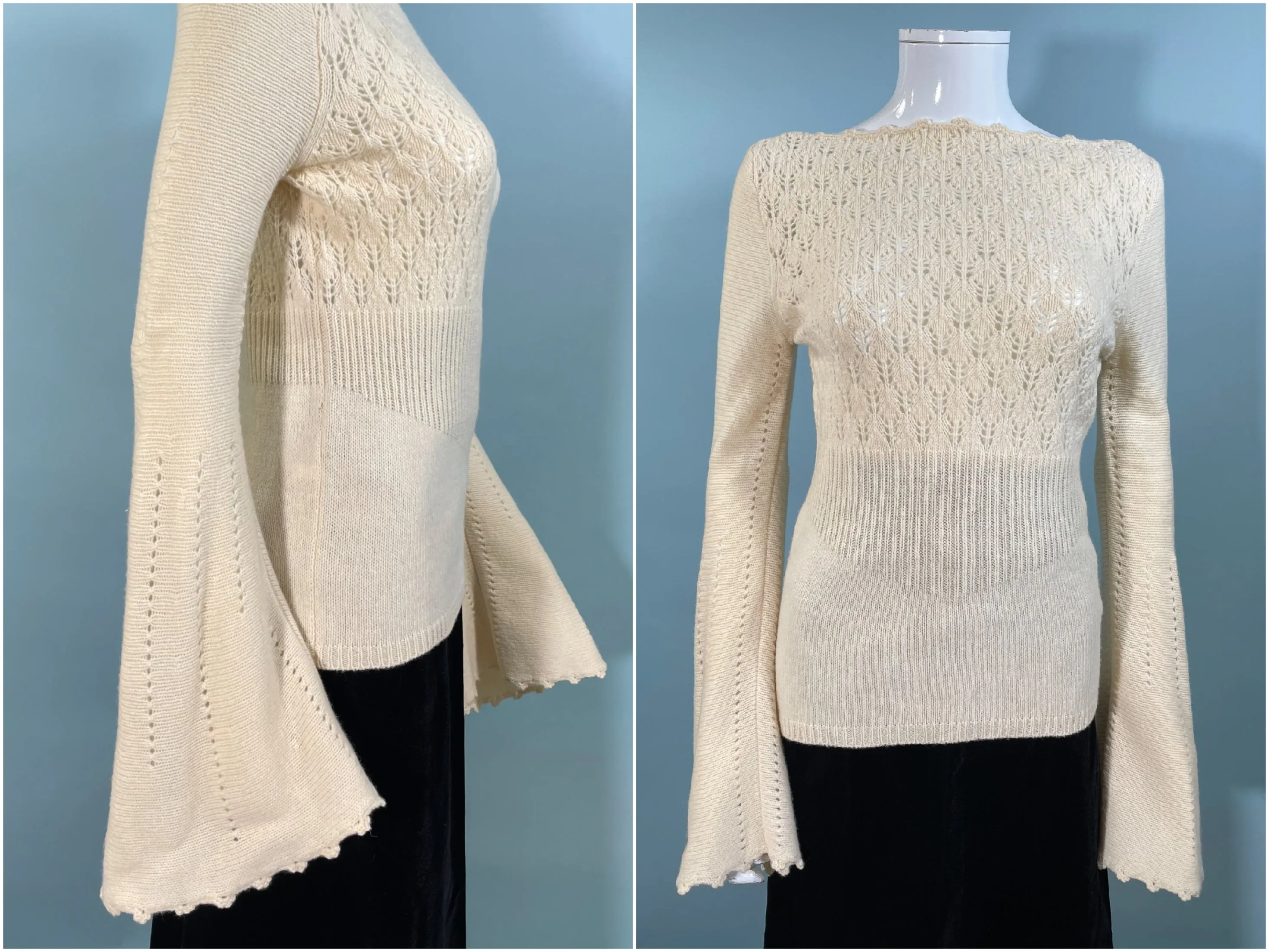 Express Vintage 90s Cream Merino Wool Sweater, Huge Bell Sleeves XS/S