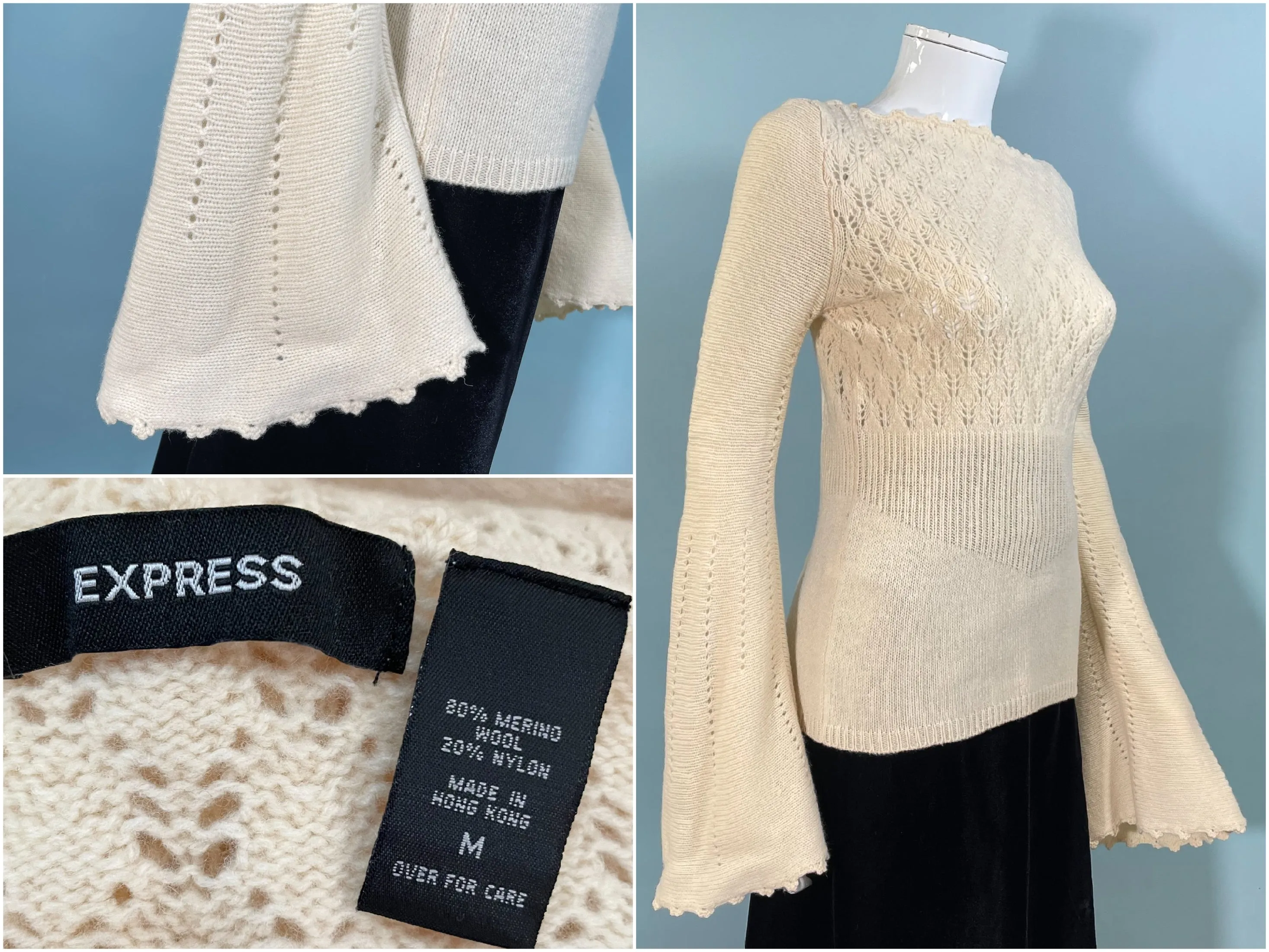 Express Vintage 90s Cream Merino Wool Sweater, Huge Bell Sleeves XS/S