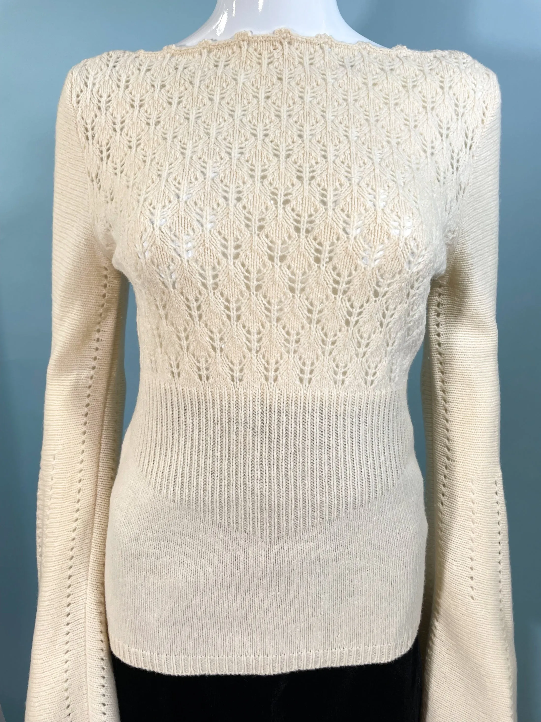 Express Vintage 90s Cream Merino Wool Sweater, Huge Bell Sleeves XS/S