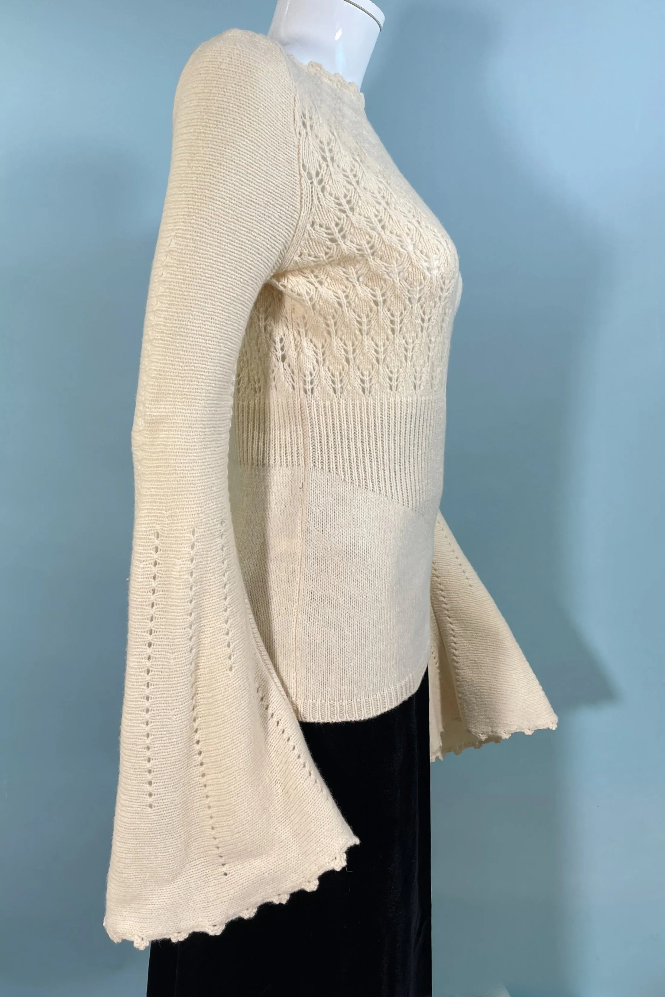 Express Vintage 90s Cream Merino Wool Sweater, Huge Bell Sleeves XS/S