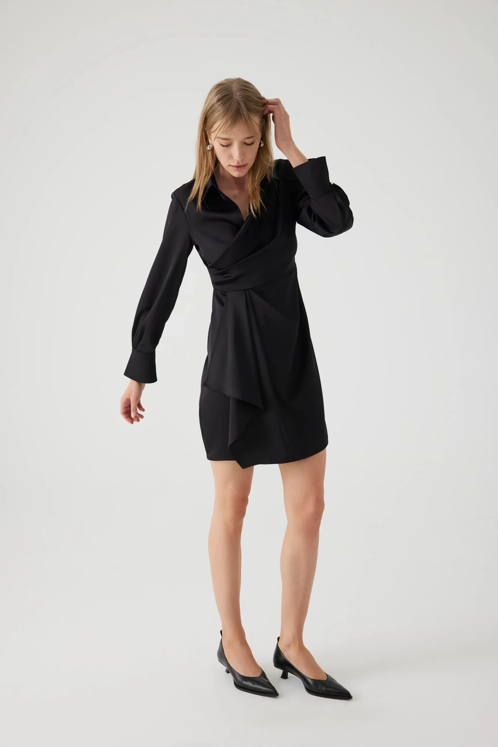 Exquise Ariadne Black Draped Mini Shirt Dress