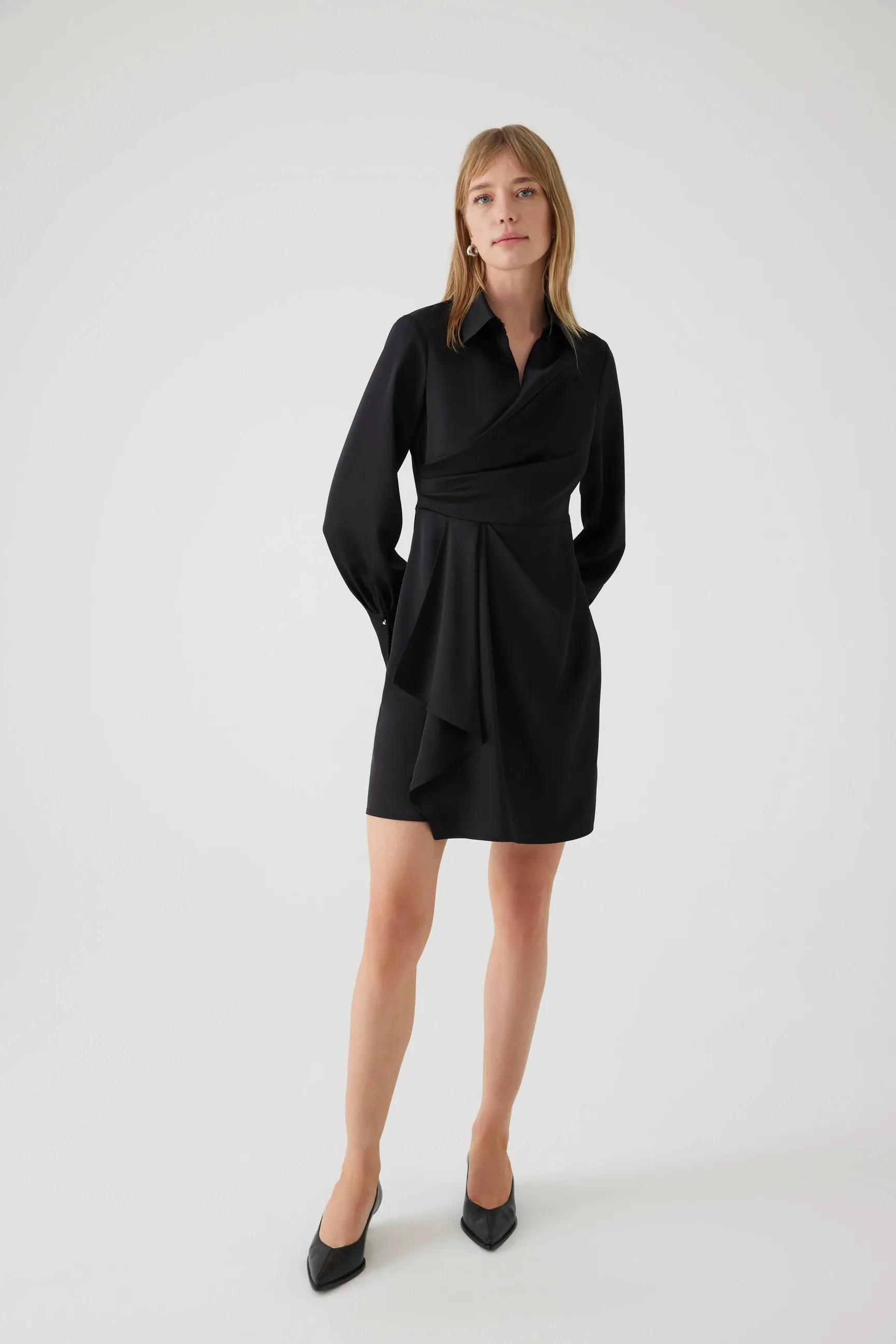 Exquise Ariadne Black Draped Mini Shirt Dress