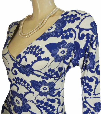 FABULOUS SOFT SURROUNDINGS ROYAL BLUE & WHITE SURPLICE SPANDEX CURVE HUGGING DRESS