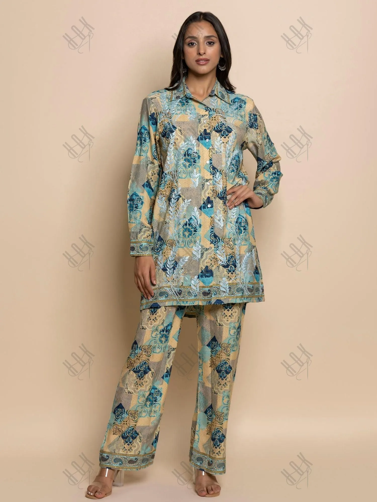 Fizaa Hand embroidered chikankari Kurta in Poly Silk Blue