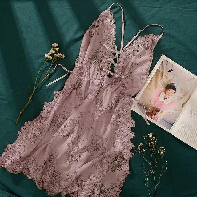 Floral Hollowed Out Lace Nightdress, Nightgown Sleepwear Lingerie Dress, Spaghetti Strap Lace Slip with Thongs