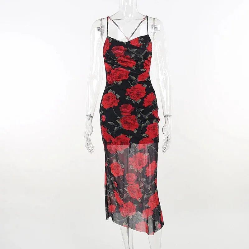 Flower Print Mesh Strap Neck Dress: Women's Sexy Style Long Skirt