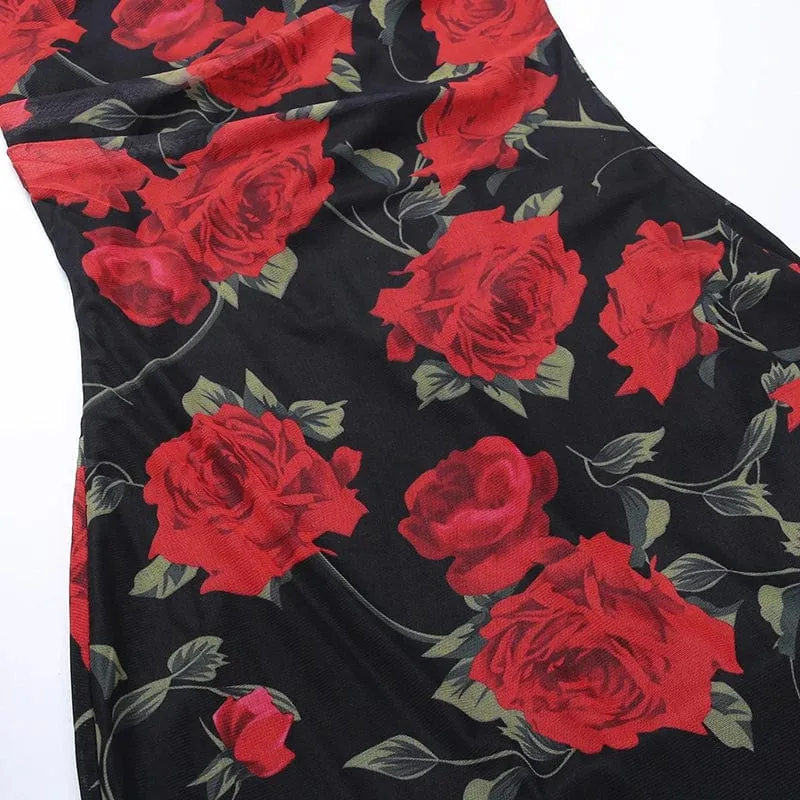 Flower Print Mesh Strap Neck Dress: Women's Sexy Style Long Skirt