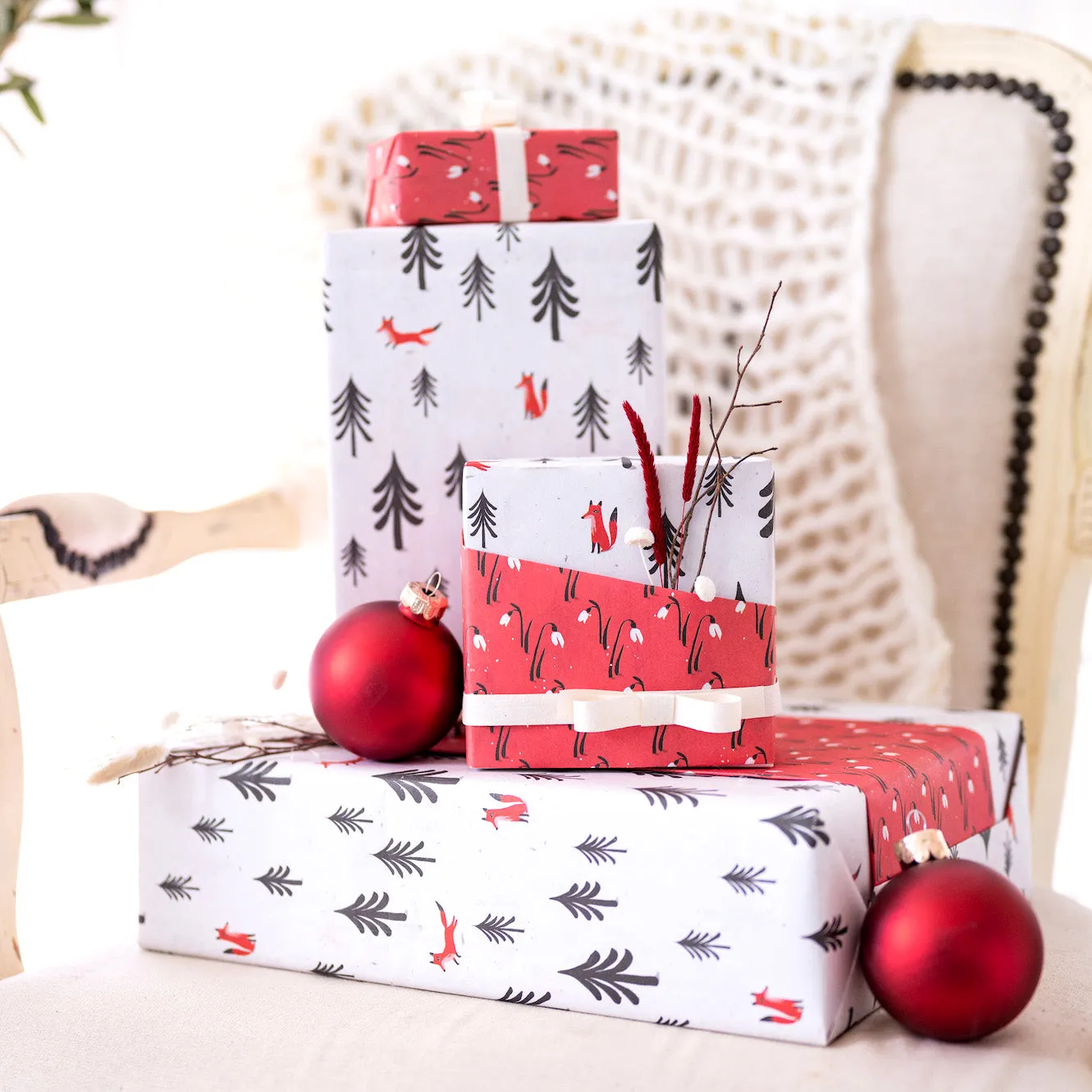 Fox Forest & Snowdrops /  Winter Holiday Gift Wrap Set