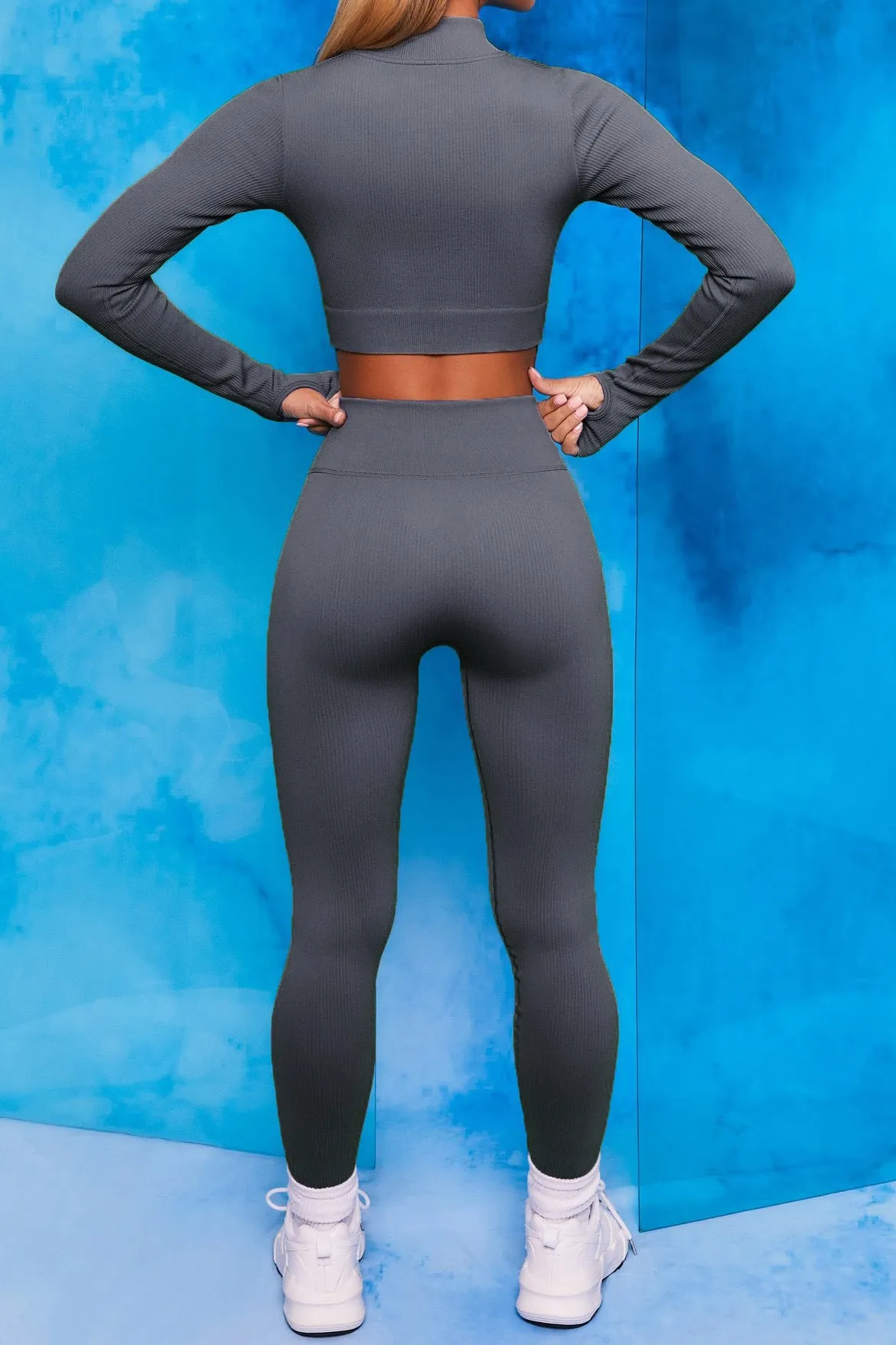 Front Zip Long Sleeve Crop Top Seamless Ribbed Texture Full Length High Waist Workout Fitness Legging workout clothes set