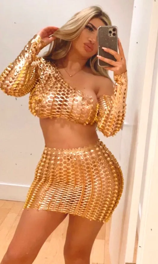 Gold Sexy Mini Skirt 2 Piece