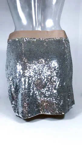 HAUTE HIPPIE Silver Sequins Skirt with Nude Ribbon Waist Size XS