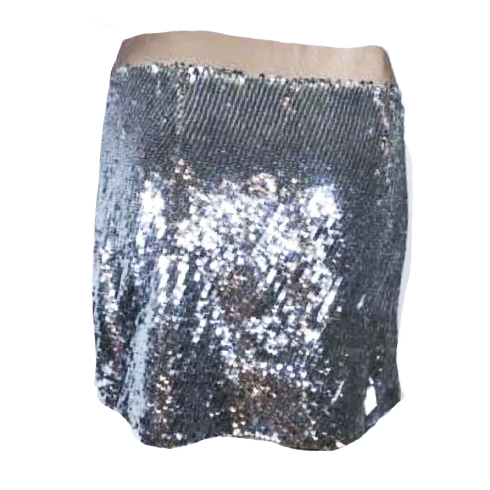 HAUTE HIPPIE Silver Sequins Skirt with Nude Ribbon Waist Size XS