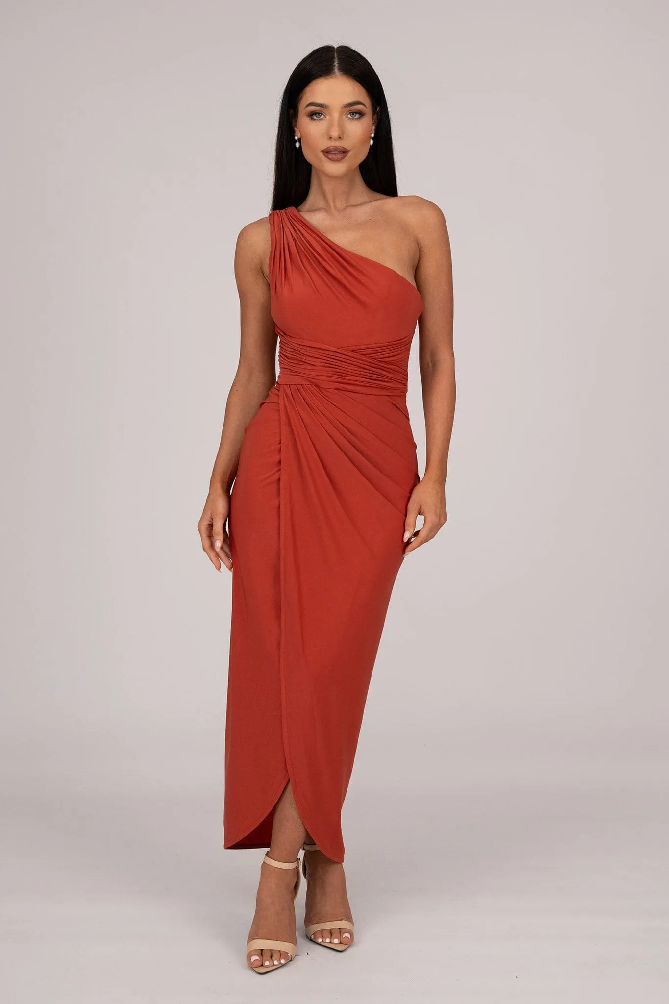 Hayden One Shoulder Midi Dress - Burnt Orange