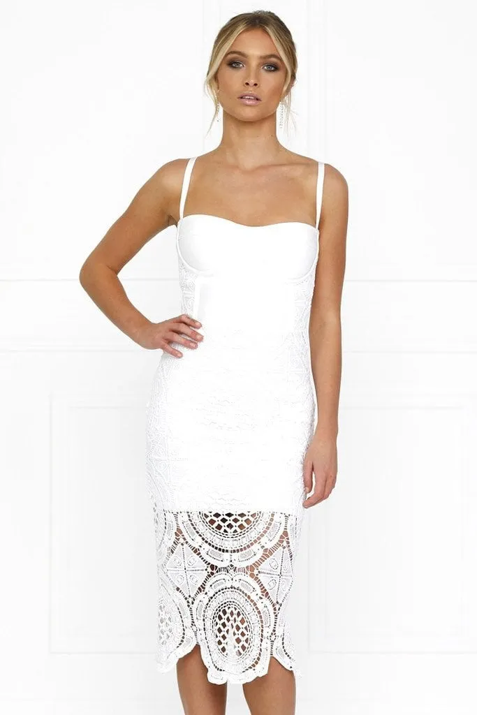 Honey Couture MICHELLE White Lace & Crochet Bustier Bodycon Dress