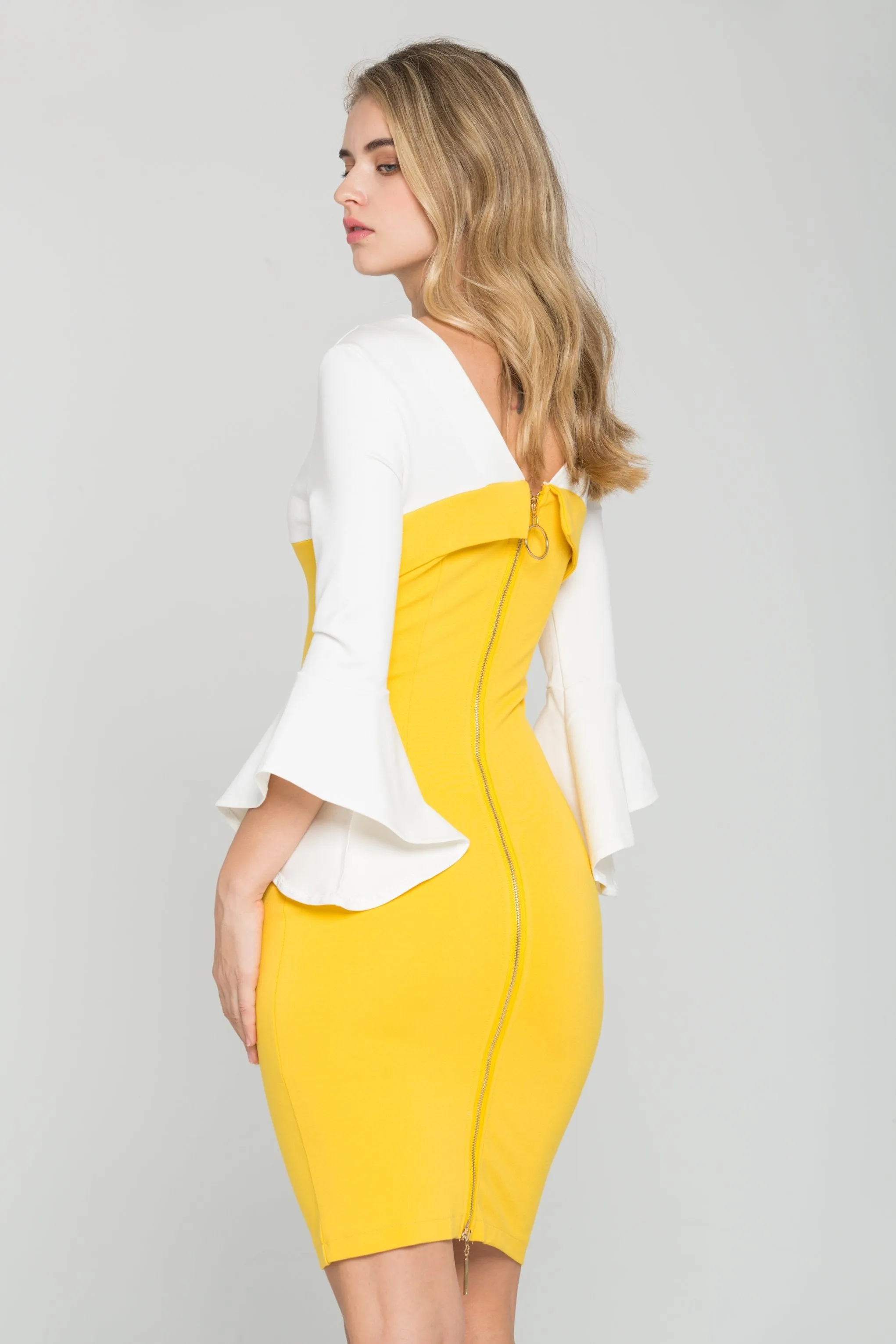 Honey Yellow Bell Sleeves Zip Up Dress