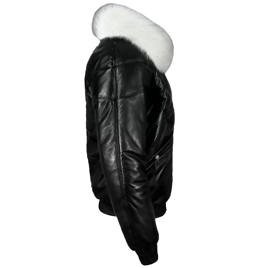 Iconic Black V-Bomber Jacket With Fur Collar - Leather Down Jacket