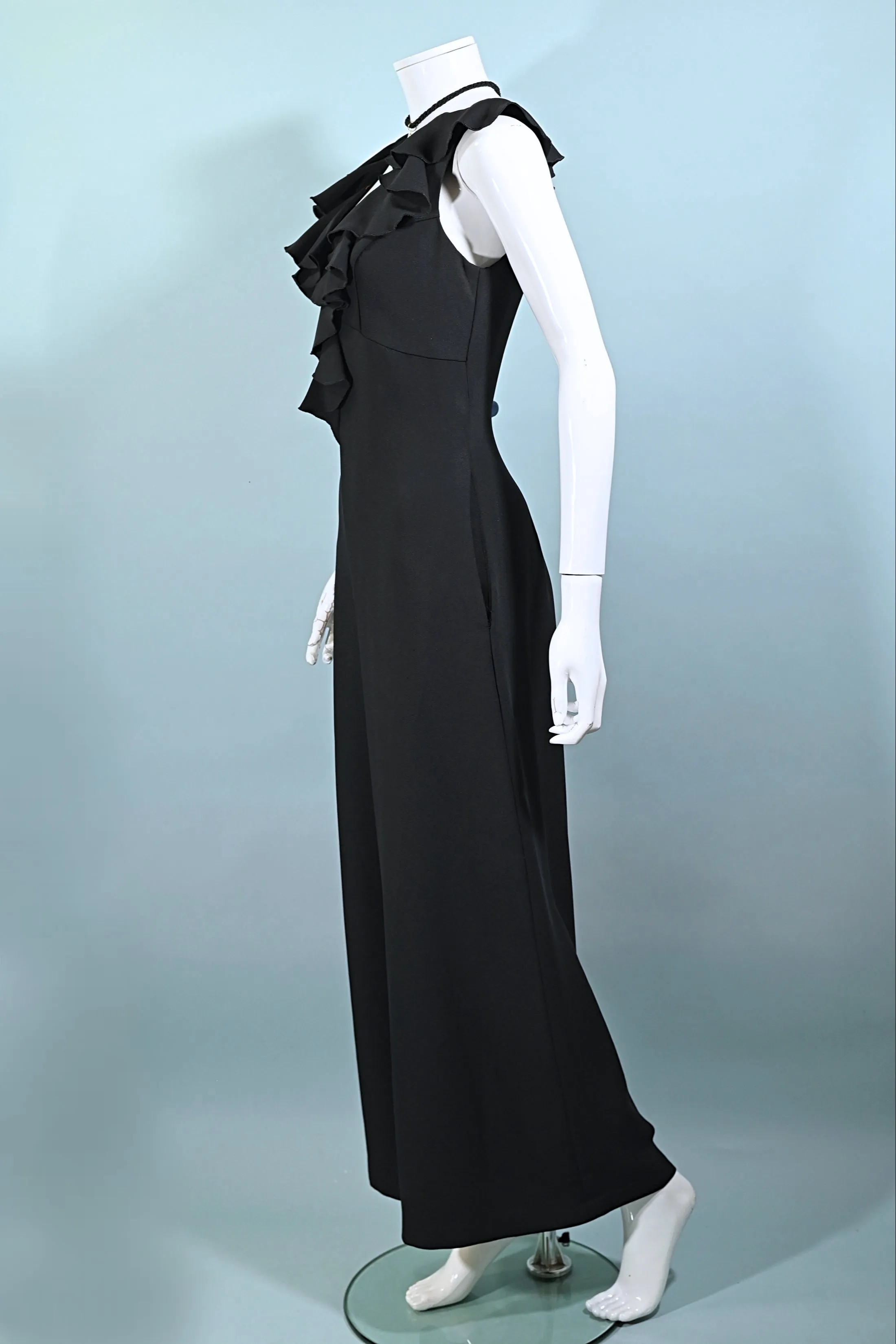 J Magnin Vintage 60s Black Crepe Jumpsuit/Palazzo Pants, Ruffle Neckline M