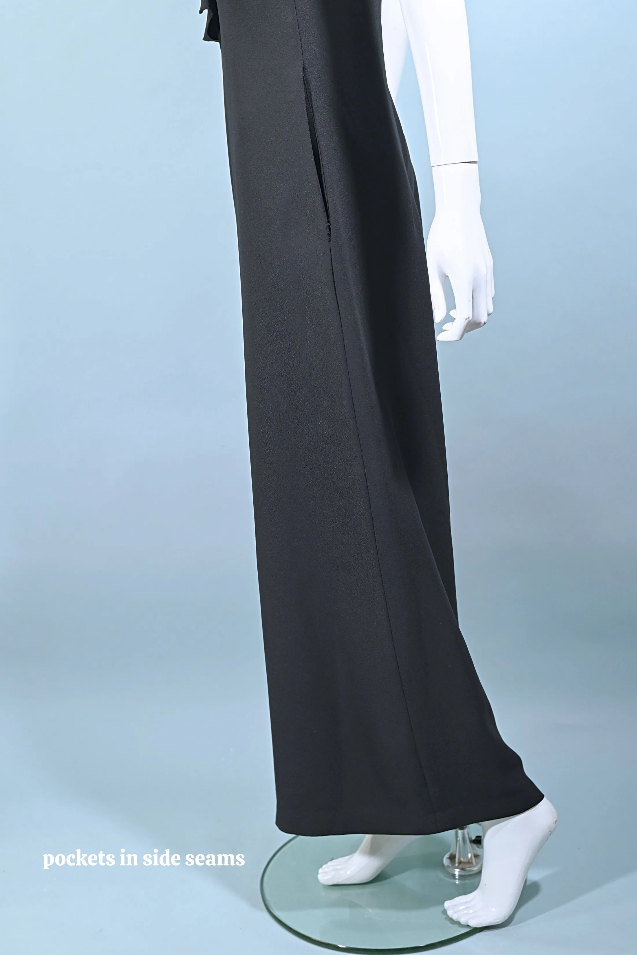 J Magnin Vintage 60s Black Crepe Jumpsuit/Palazzo Pants, Ruffle Neckline M