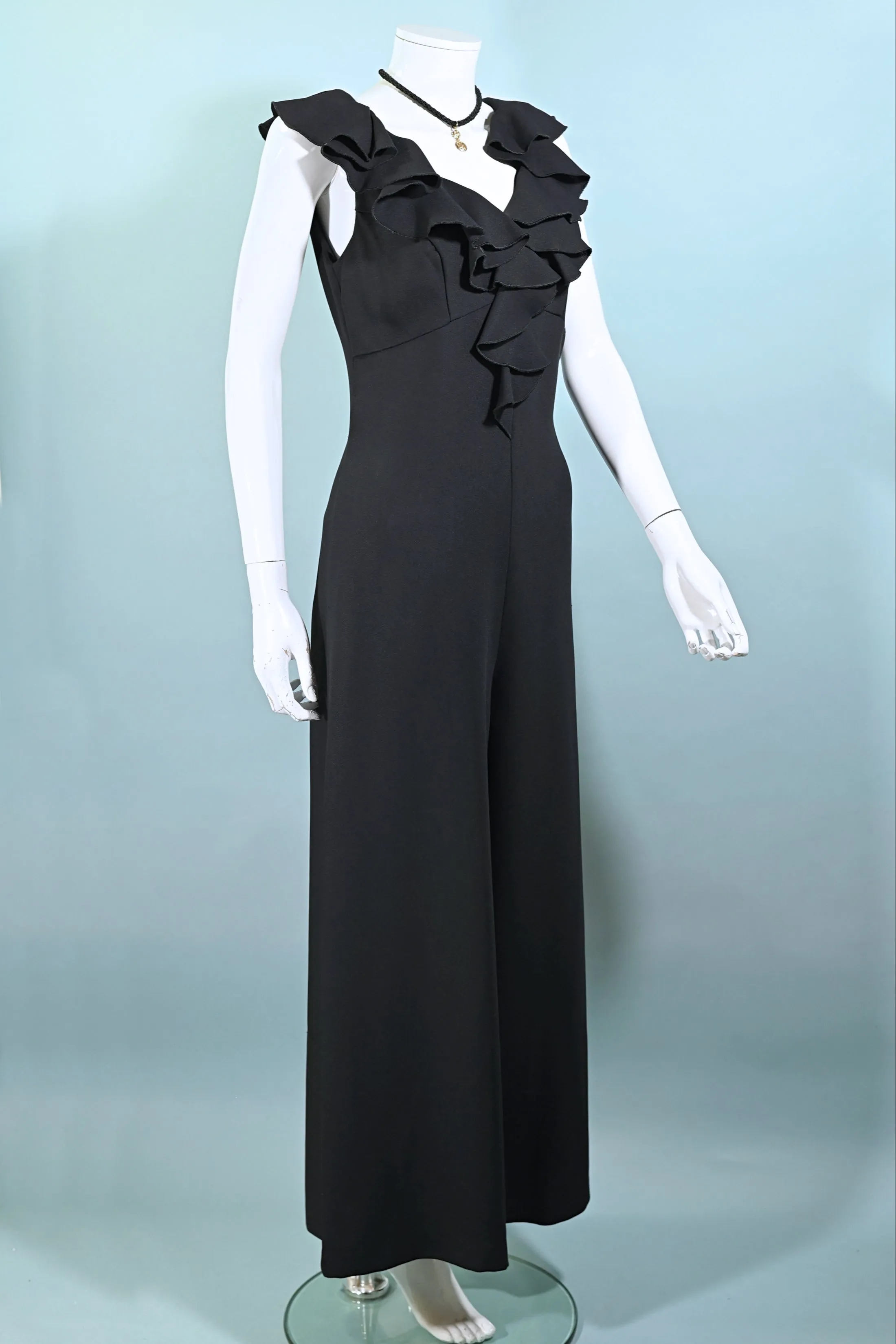 J Magnin Vintage 60s Black Crepe Jumpsuit/Palazzo Pants, Ruffle Neckline M