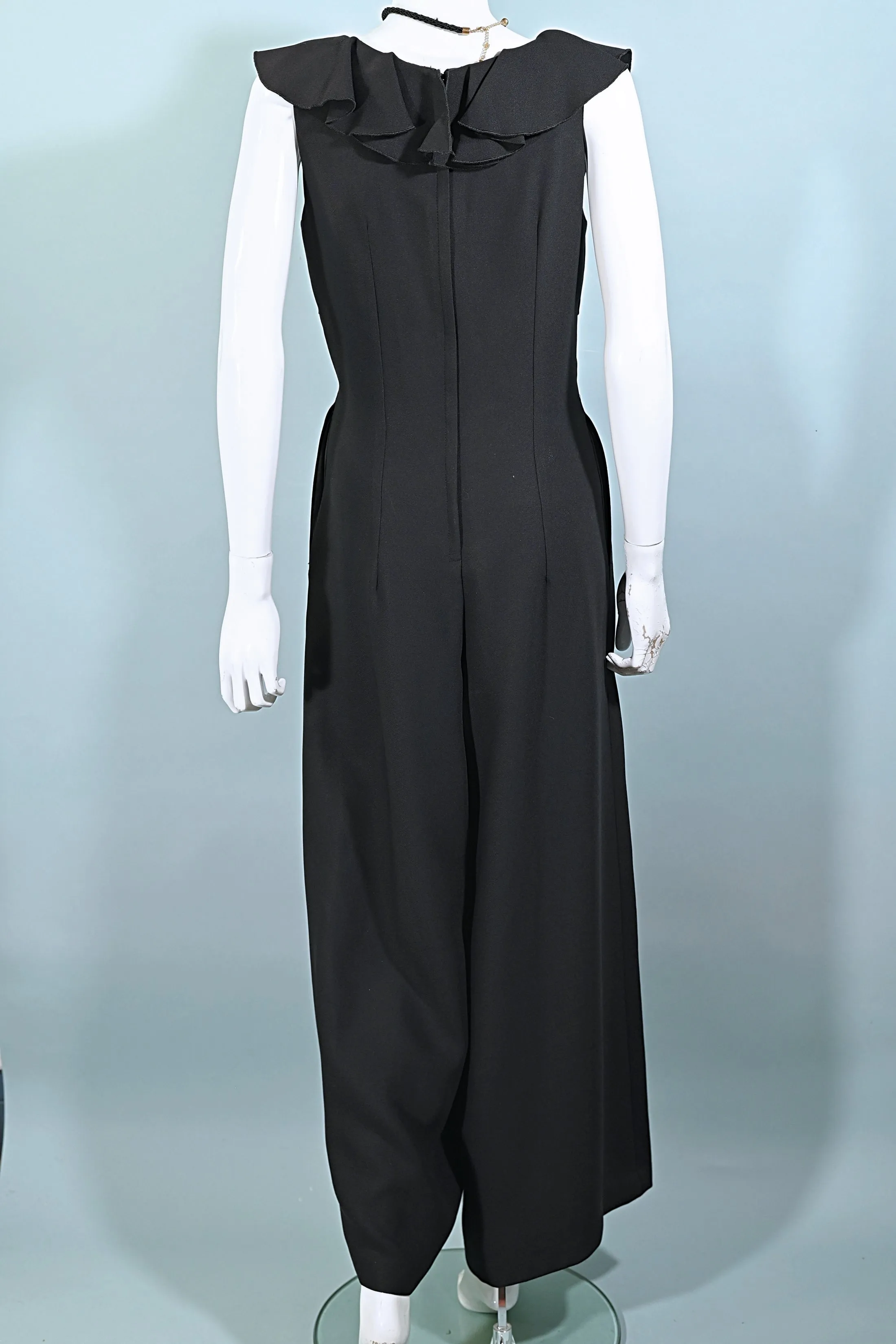 J Magnin Vintage 60s Black Crepe Jumpsuit/Palazzo Pants, Ruffle Neckline M