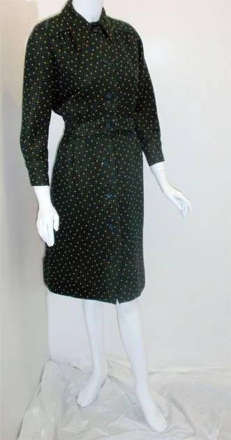 JAMES GALANOS 1970s 2 pc Green Wool Skirt Ensemble