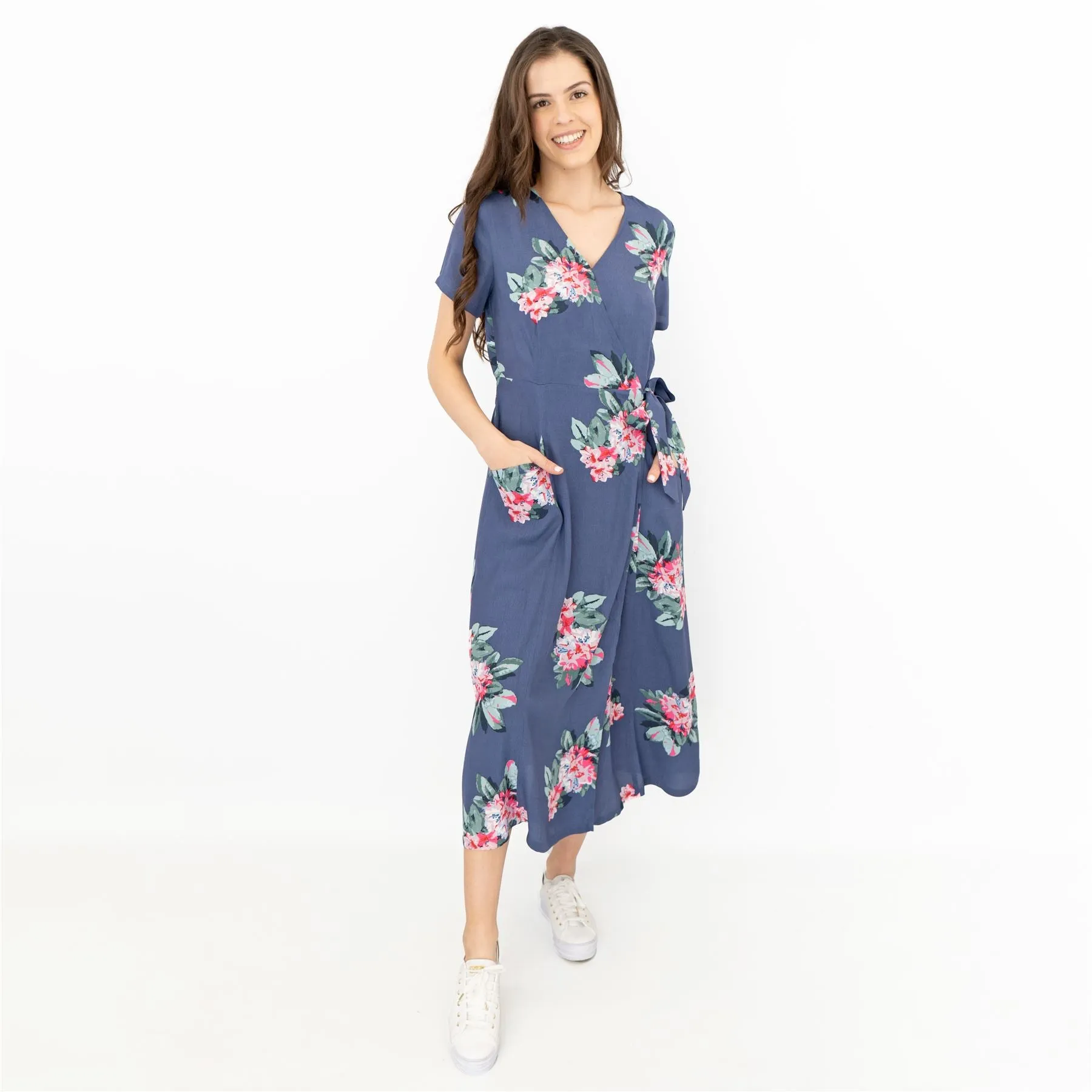 Joules Callie Floral Print Blue Cross Wrap Short Sleeve Midi Dresses with Pockets