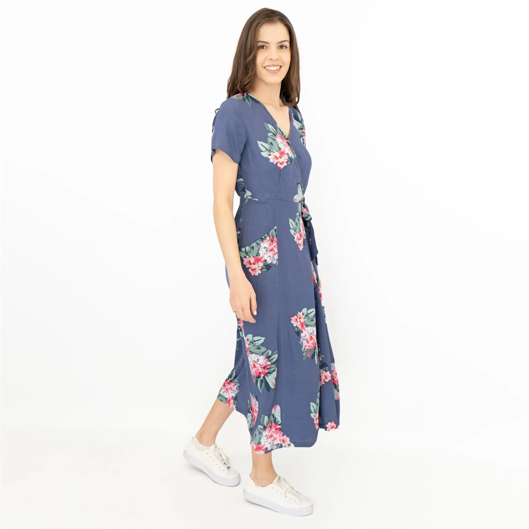 Joules Callie Floral Print Blue Cross Wrap Short Sleeve Midi Dresses with Pockets