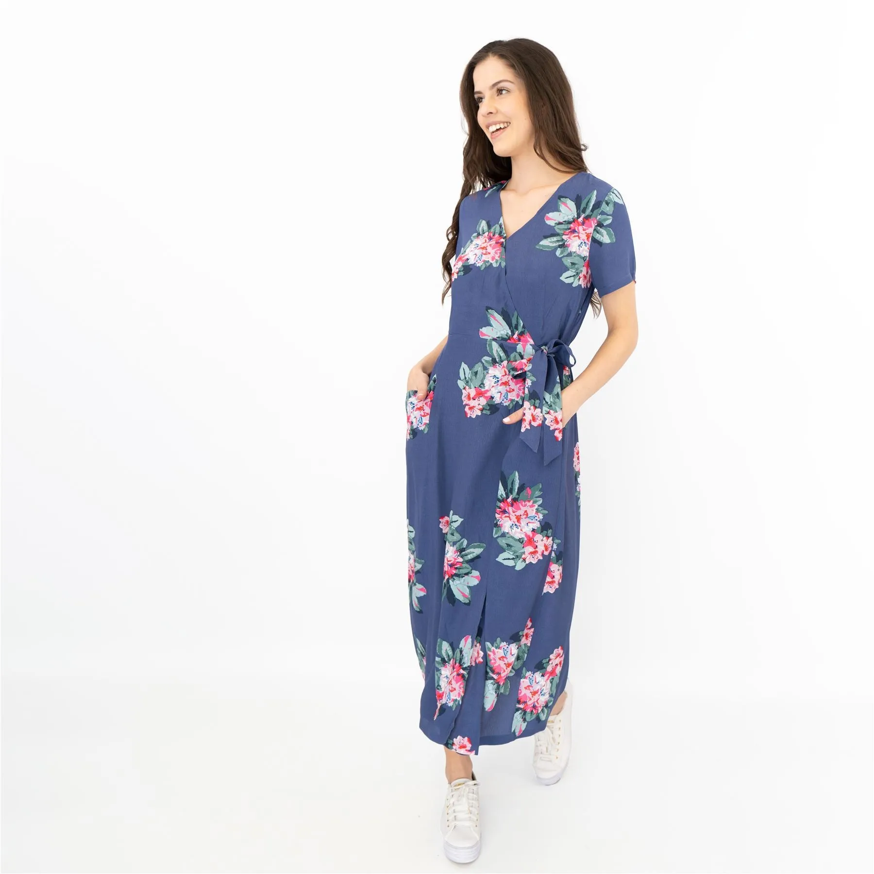 Joules Callie Floral Print Blue Cross Wrap Short Sleeve Midi Dresses with Pockets