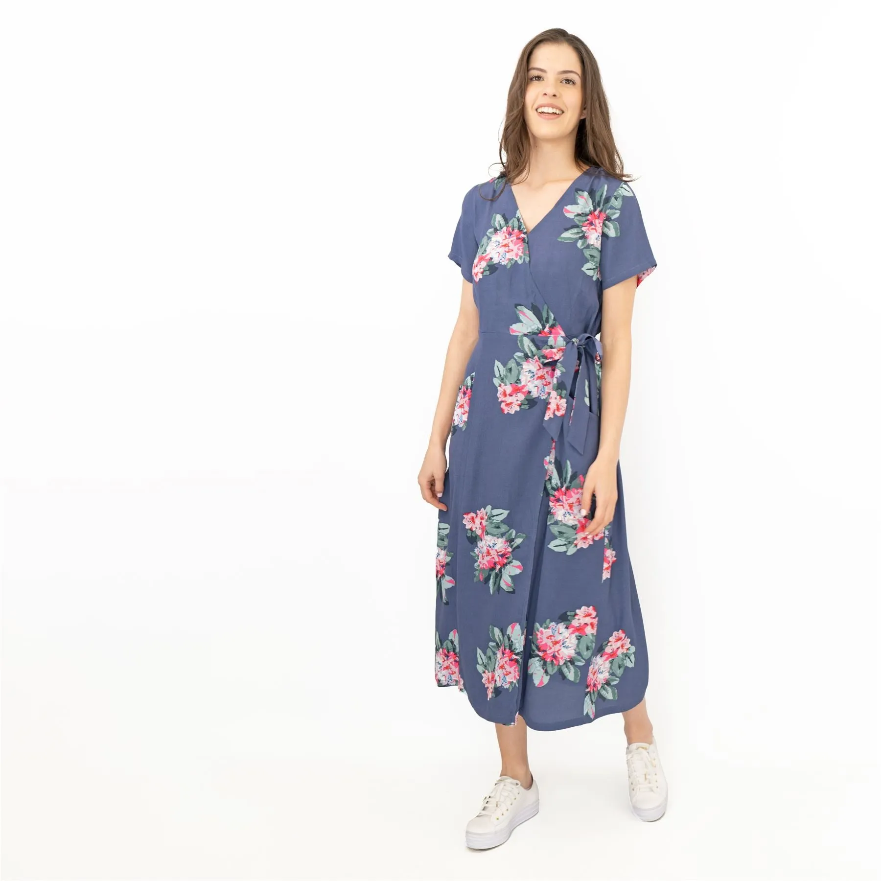 Joules Callie Floral Print Blue Cross Wrap Short Sleeve Midi Dresses with Pockets