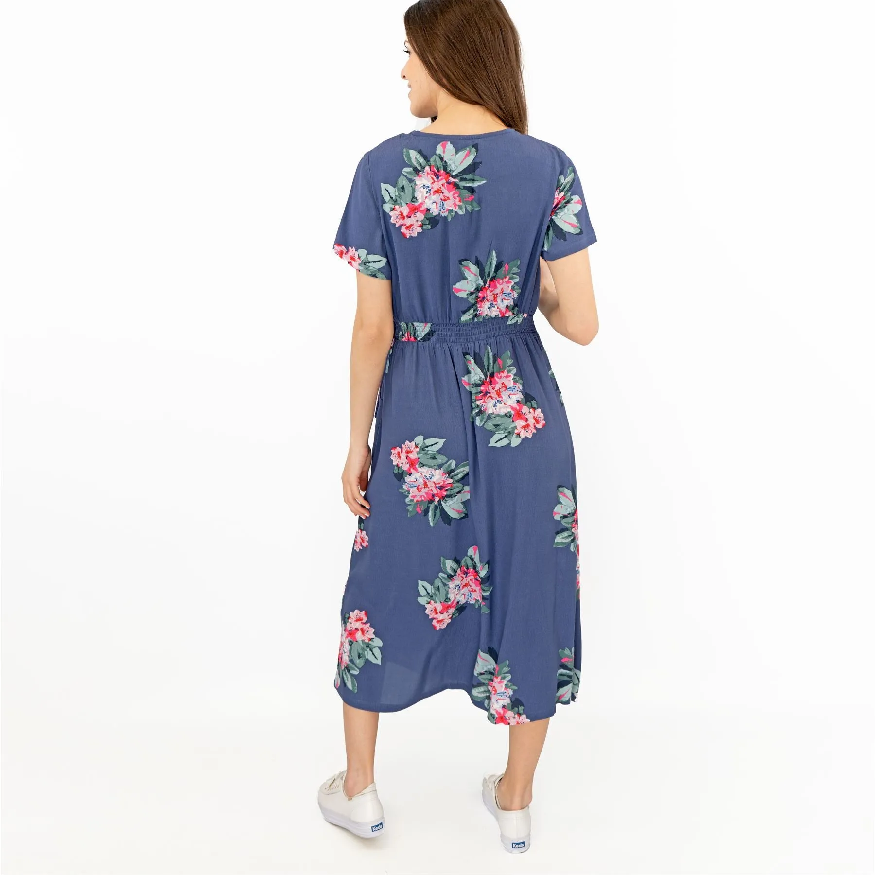 Joules Callie Floral Print Blue Cross Wrap Short Sleeve Midi Dresses with Pockets