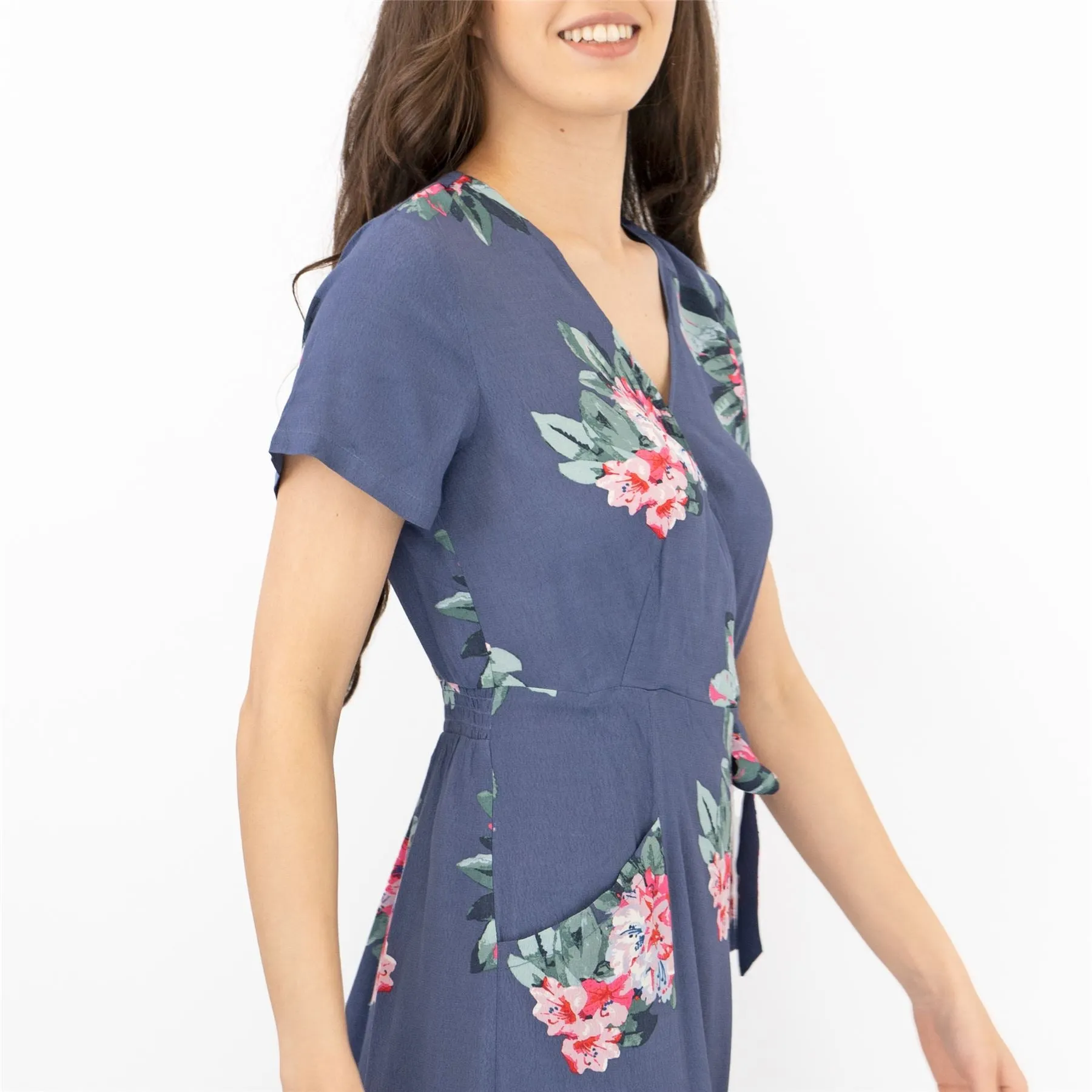 Joules Callie Floral Print Blue Cross Wrap Short Sleeve Midi Dresses with Pockets