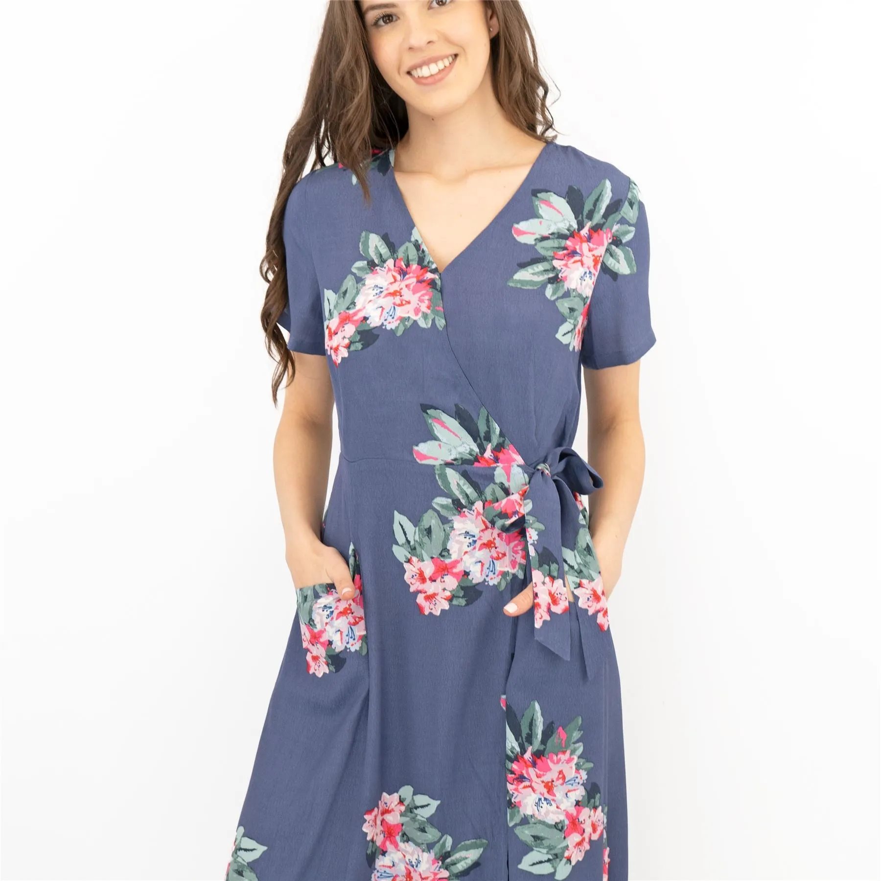 Joules Callie Floral Print Blue Cross Wrap Short Sleeve Midi Dresses with Pockets